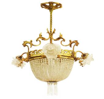 Antique Belle Epoque Chandelier French Crystal Gilt Bronze Rose Shades Late 19th Century