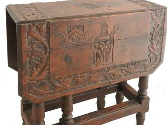 Antique Carved Oak Table Gate Leg Drop Leaf William of Wykeham prov Winchester College