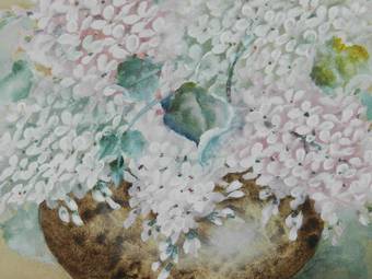 Antique Flowers in a Bowl Watercolor English signed with artists initials 1905