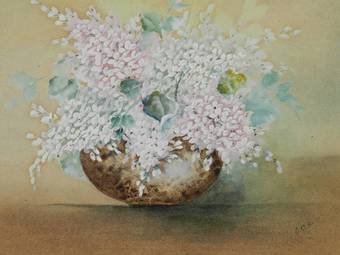 Antique Flowers in a Bowl Watercolor English signed with artists initials 1905