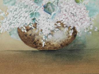 Antique Flowers in a Bowl Watercolor English signed with artists initials 1905