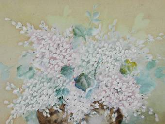Antique Flowers in a Bowl Watercolor English signed with artists initials 1905