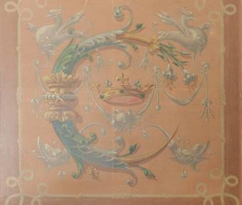 Antique French 19th Century Painting Catherine de Medicis Emblems Decorative Chimera 