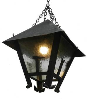 Antique Large Lantern Outdoor Light French Arts and Crafts Iron Glass Exterior Porch