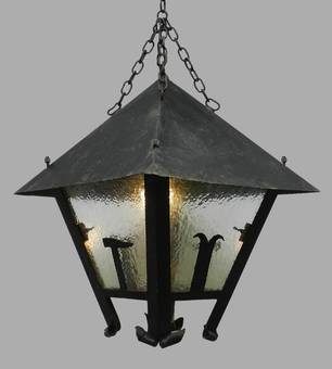 Antique Large Lantern Outdoor Light French Arts and Crafts Iron Glass Exterior Porch