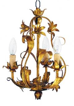 Antique Mid Century Chandelier Gold Tole c1950 French Toleware Cage Light 