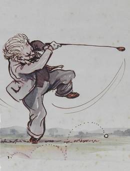 Antique Original Painting Caricature of a Golfer by Peter Hobbs Golf Elderly Gentleman