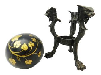 Antique Pair Antique Tripod Bronze Stands with Chimera and Balls painted Ivy