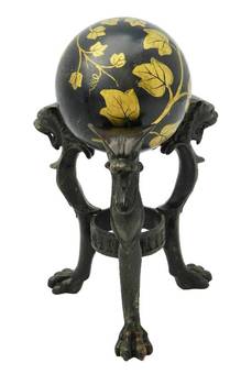 Antique Pair Antique Tripod Bronze Stands with Chimera and Balls painted Ivy