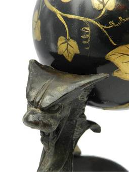 Antique Pair Antique Tripod Bronze Stands with Chimera and Balls painted Ivy