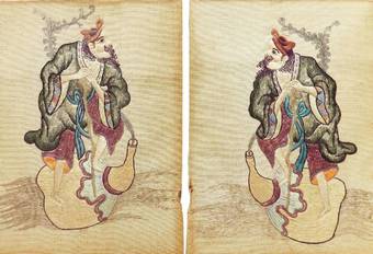 Antique Pair of Embroidered Chinoiserie Picture Panels of a Gentleman c1920