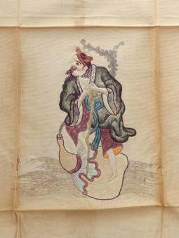 Antique Pair of Embroidered Chinoiserie Picture Panels of a Gentleman c1920