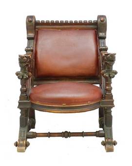 Antique Throne Desk Chair 19th Century Renaissance Carved Dragons Spanish Leather