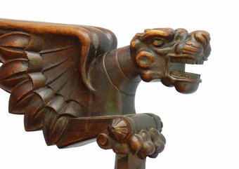 Antique Throne Desk Chair 19th Century Renaissance Carved Dragons Spanish Leather