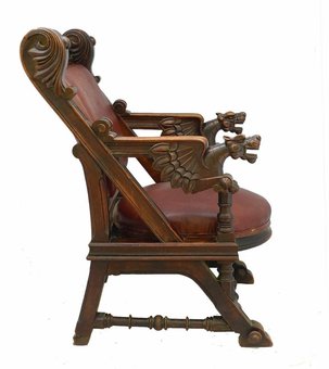 Antique Throne Desk Chair 19th Century Renaissance Carved Dragons Spanish Leather