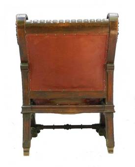 Antique Throne Desk Chair 19th Century Renaissance Carved Dragons Spanish Leather