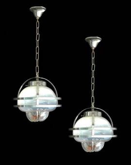 Antique Pair of Murano Mazzega Pendant Lights Midcentury Chrome Glass
