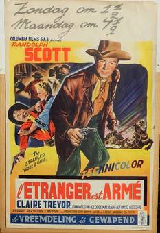 Antique c1953 Western Original Film Poster Randolph Scott Belgian version of The Stranger wore a Gun