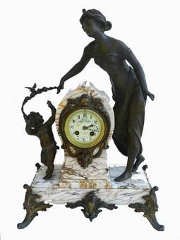 Antique French Art Nouveau Clock Garniture Marble  Bronze Figural Lady with Putti  Candelabra 