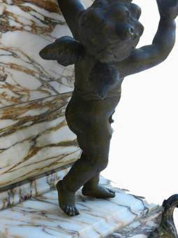 Antique French Art Nouveau Clock Garniture Marble  Bronze Figural Lady with Putti  Candelabra 