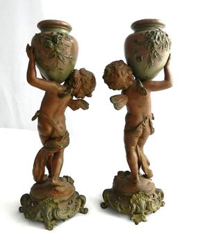 Antique Pair of C19 French Cherub Putti Statuette Candlesticks signed Moreau 