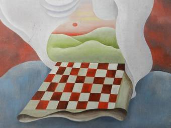 Antique Oil Painting Le Damier Rouge  Surrealist on board