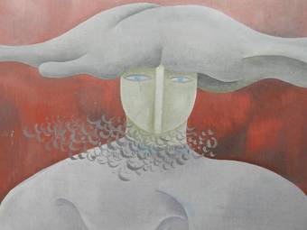 Antique Oil Painting Le Damier Rouge  Surrealist on board