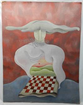 Antique Oil Painting Le Damier Rouge  Surrealist on board