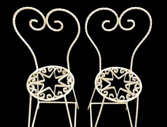Antique Pair of Childs size French Iron Garden Chairs Decorative Stands Mid Century  