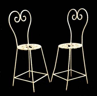 Antique Pair of Childs size French Iron Garden Chairs Decorative Stands Mid Century  