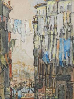 Antique Original Painting Signed Watercolour Study of St Tropez Street Scene to Port by Alfred de La Rocca 18551915 French
