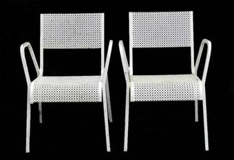 Antique Pair of Mid Century French Metal Garden Chairs Armchairs Fauteuil