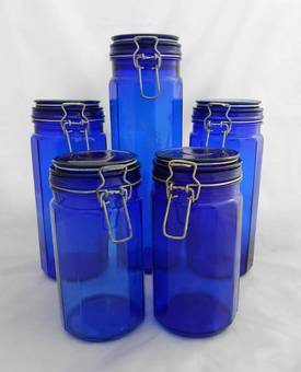 Antique 10 vintage French Cobalt Blue Glass Storage Jars
