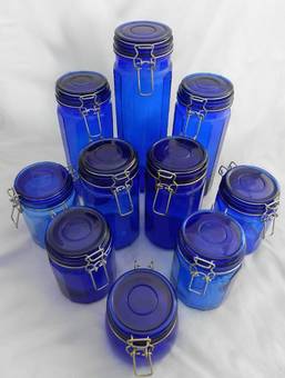 Antique 10 vintage French Cobalt Blue Glass Storage Jars