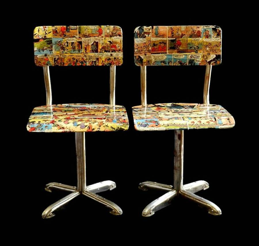 1950s Pair Mid Century Child Chairs Bentwood Comic Collage Decor Cowboys