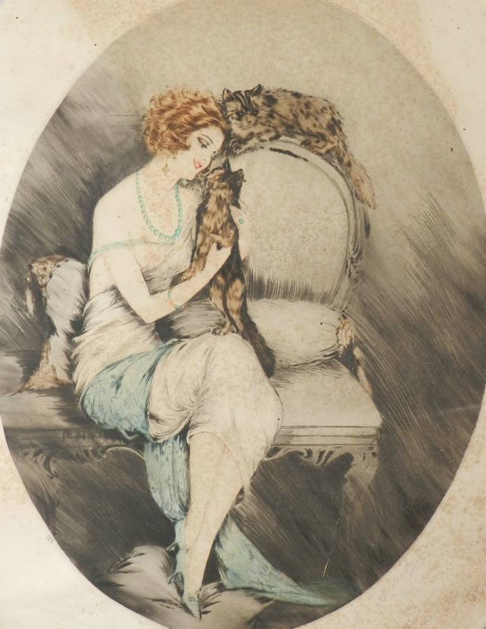 Signed French Etching Elegant Woman with Cats c1920 Art Deco