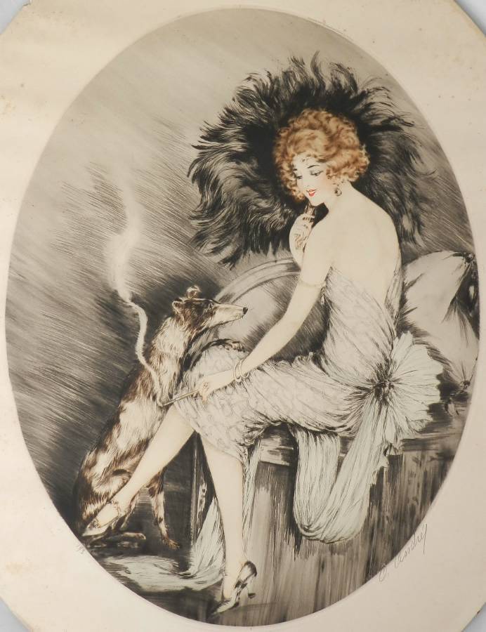 Signed French Etching Elegant Woman with Dog c1920 Art Deco