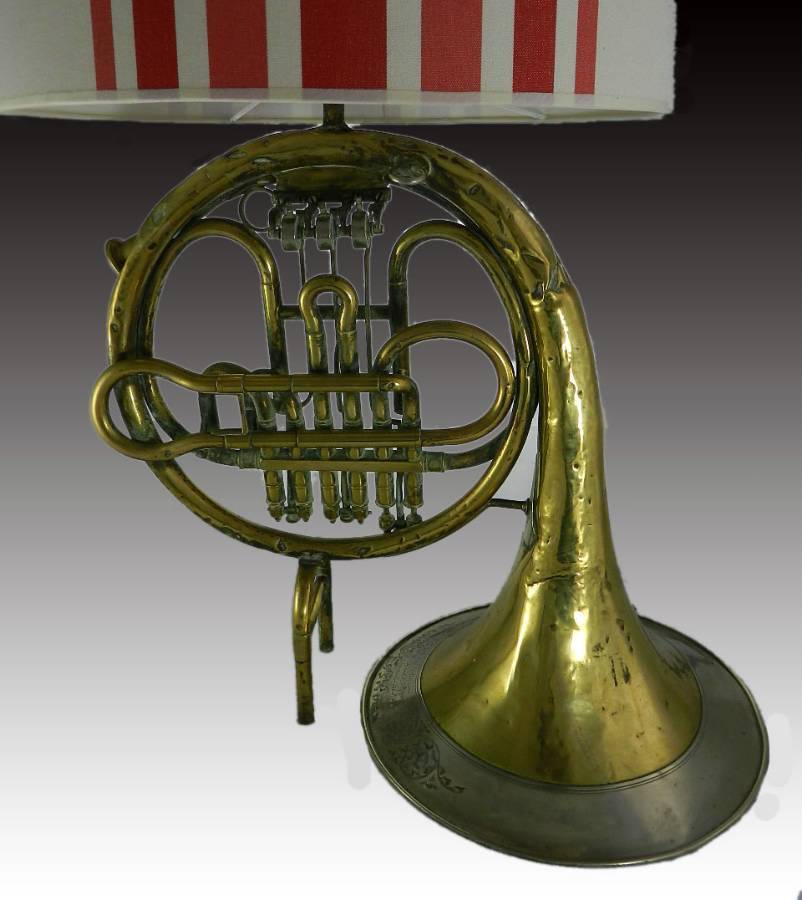 C19 Brass French Horn Table Lamp