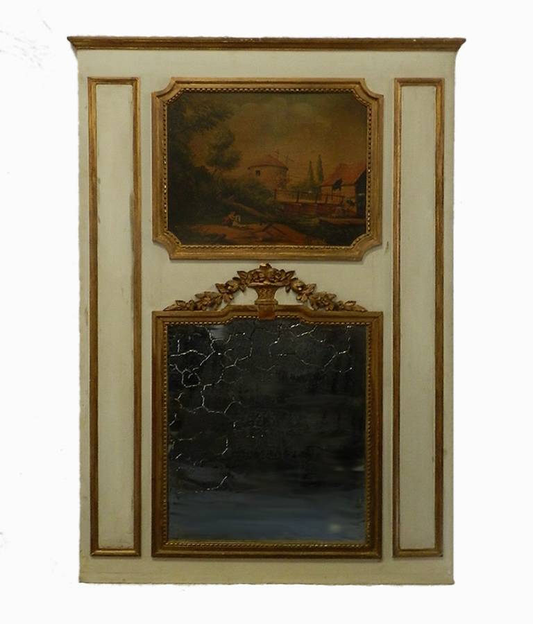 19th Century French Trumeau Mirror  Painting Giltwood overmantle overmantel