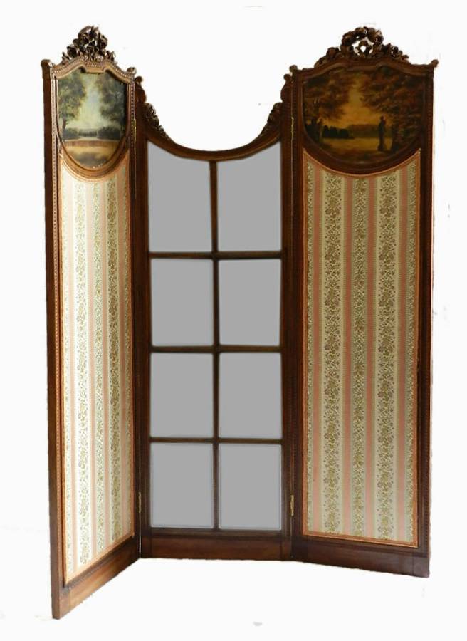 Antique C19 French Screen 3 fold with Mirror Paintings Dressing Draught