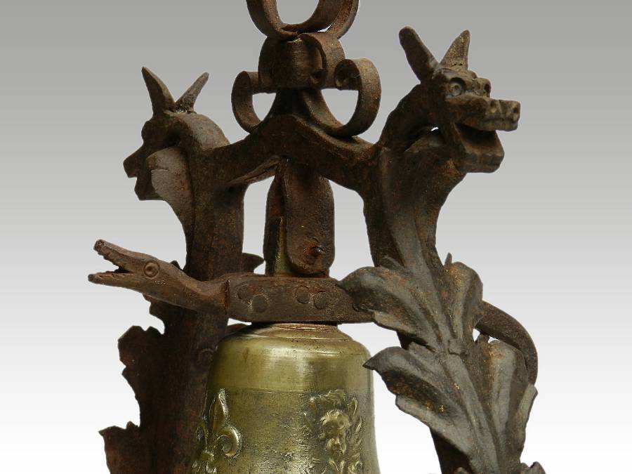 Antique Arts Crafts Iron Brass Bell Stand Gothic revival c1920