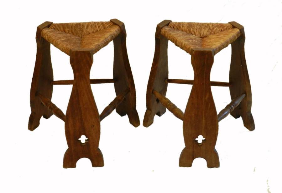 Pair Arts  Crafts Stools Rush Seat Country House Gothic revival 