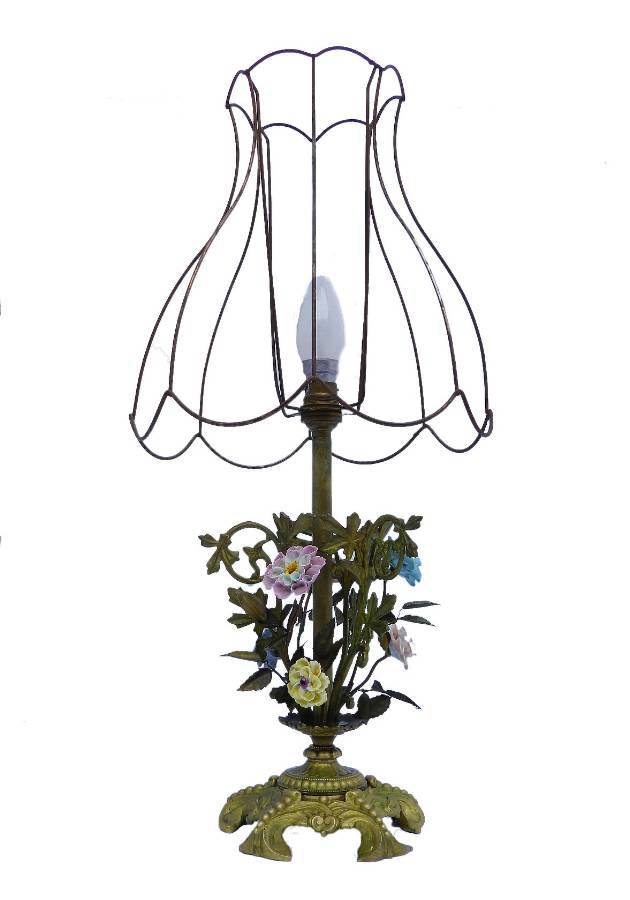 French Table Lamp Floral Porcelain  Brass