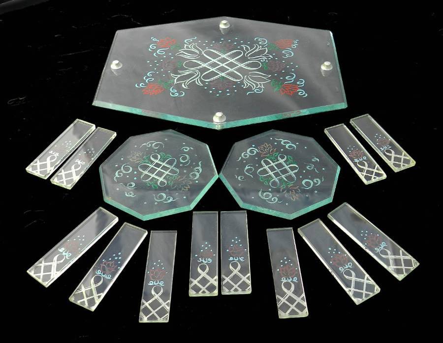Art Deco Cake Stand Coasters  12 Knife Rests original painted glass
