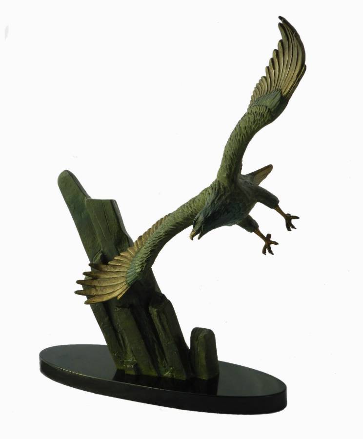 Art Deco Eagle in Flight by Rulas Signed Sculpture Statue on Marble Base Animalia