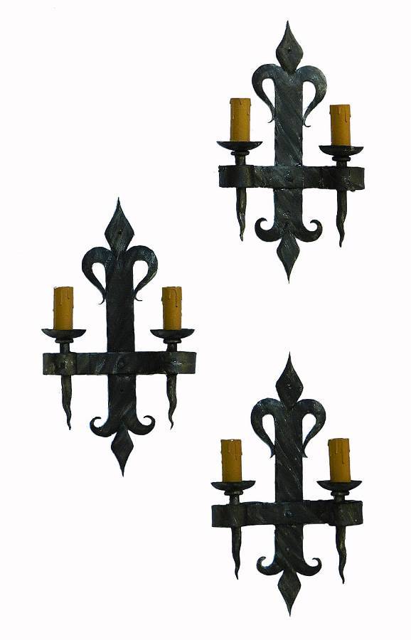 3 Arts  Crafts Wall Lights Sconces Wrought Iron French Artisan made Fleur de Lys