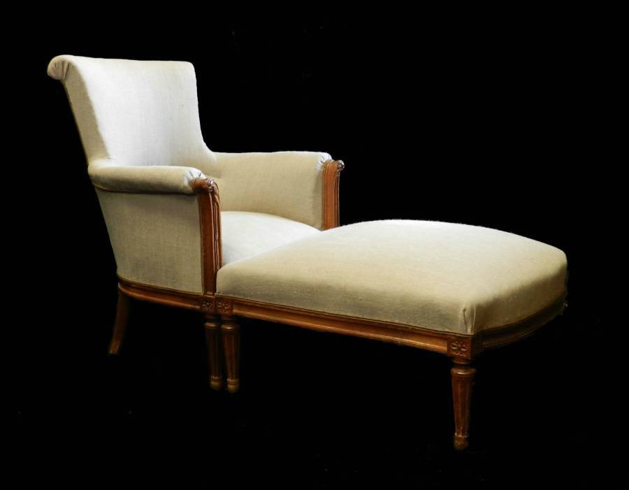 C19 French Duchesse Brisee Armchair  Ottoman Stool Chaise Longue Linen