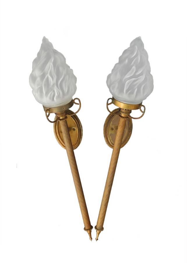 Pair of Wall Lights French Torchere Sconces Flame Glass Shades