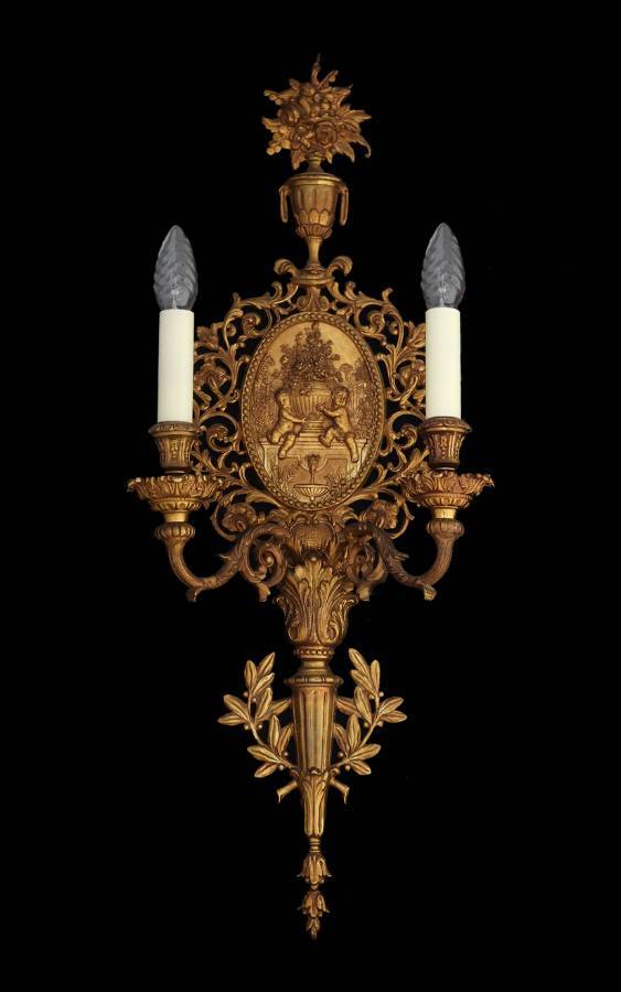 French Gilt Bronze Wall Light Cherub Putti Sconce 19th Century Louis