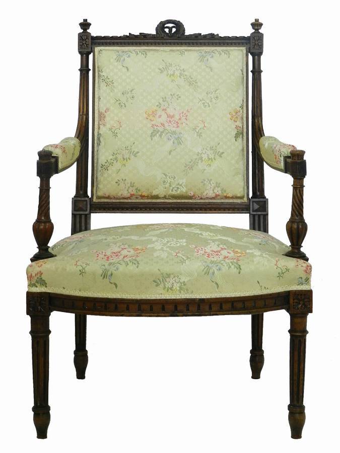19th Century Louis XVI Armchair French Provincial Carved Walnut Open Chair